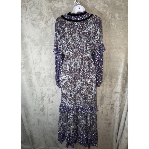 Btfl-Life Boho Maxi Dress Velvet Trim V Neck Empire Waist Paisley Sz Sm Cottage - Picture 8 of 12